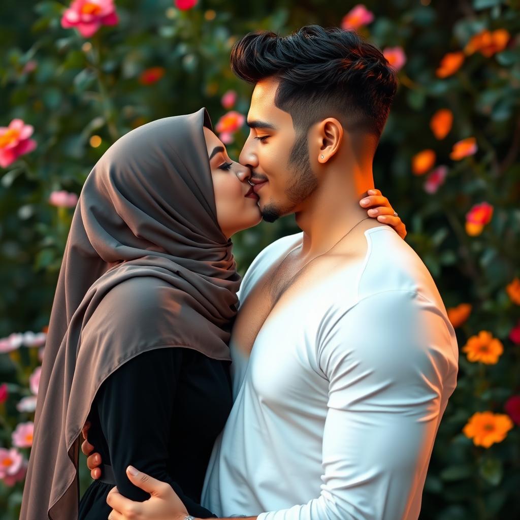 A romantic scene featuring a woman wearing a beautiful hijab, showcasing her big breasts, kissing a handsome and sexy man