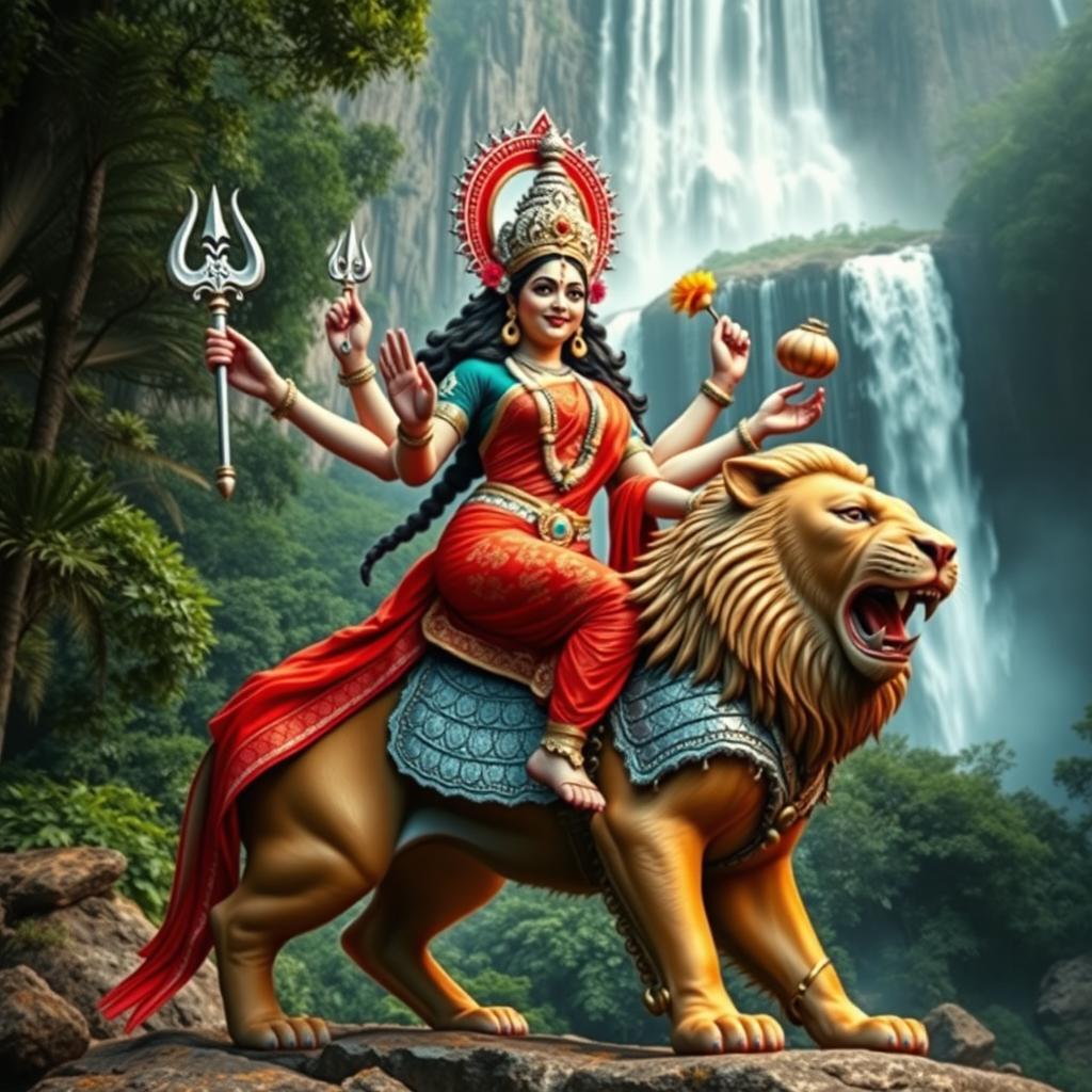 A striking depiction of Goddess Durga, showcasing her incredible fierceness and beauty