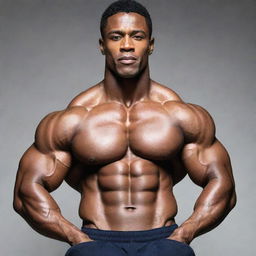 An extremely muscular man with well-defined abs, large biceps and broad shoulders, posing with confidence.