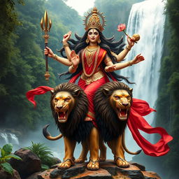 An exquisite portrayal of Goddess Durga, radiating fierce beauty in a captivating red saree that elegantly cascades around her