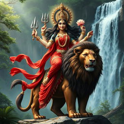 An exquisite portrayal of Goddess Durga, radiating fierce beauty in a captivating red saree that elegantly cascades around her