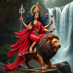 An exquisite portrayal of Goddess Durga, radiating fierce beauty in a captivating red saree that elegantly cascades around her