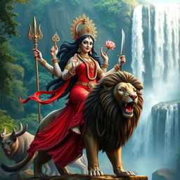 An exquisite portrayal of Goddess Durga, radiating fierce beauty in a captivating red saree that elegantly cascades around her