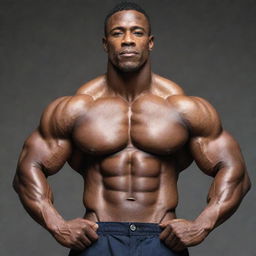 An extremely muscular man with well-defined abs, large biceps and broad shoulders, posing with confidence.