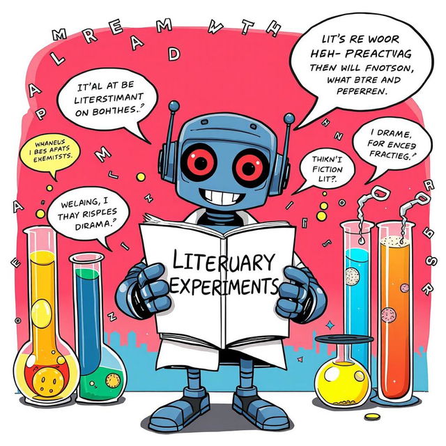 A vibrant comic book illustration on a DIN A4 page, merging literature, chemistry, and robotics