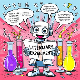 A vibrant comic book illustration on a DIN A4 page, merging literature, chemistry, and robotics