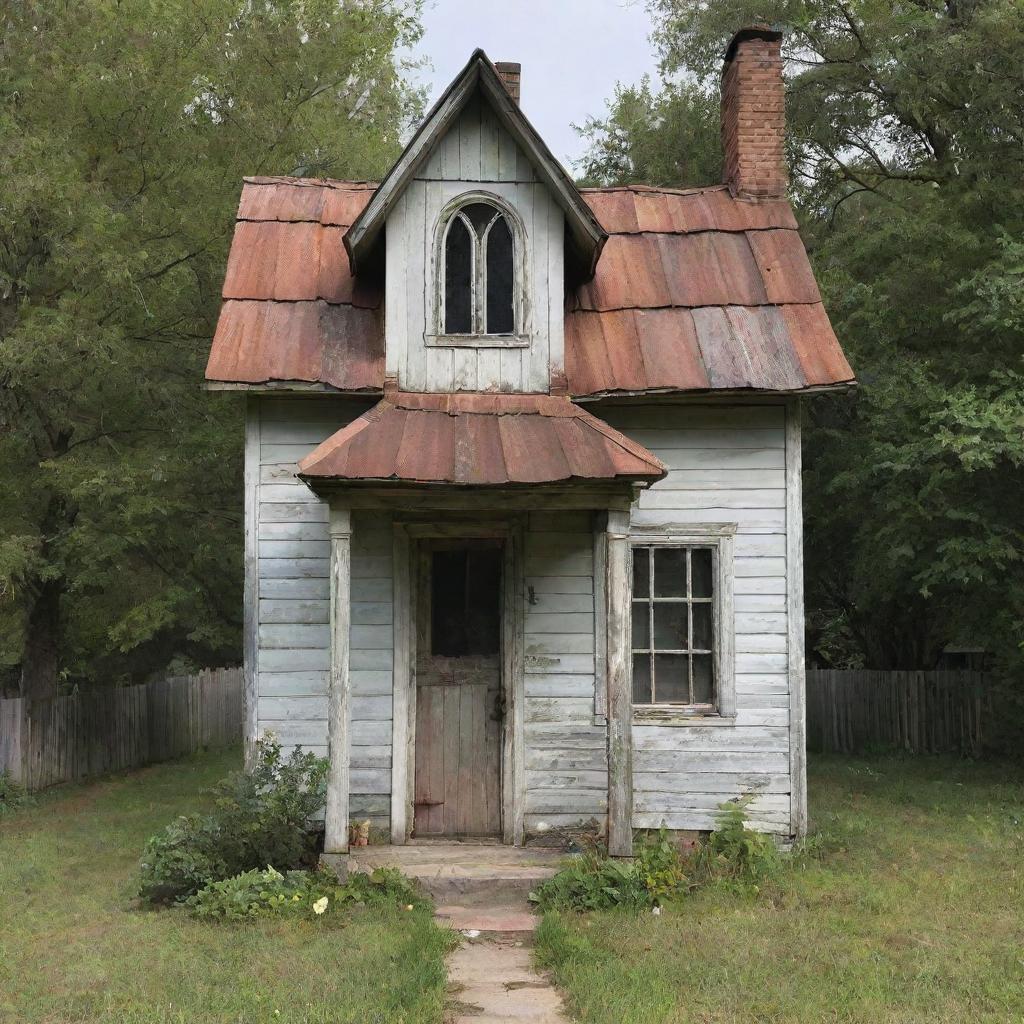 A whimsical house, small and quaint, with humble features. It is charmingly worn, with patchy wood, a rusty tin roof, and uneven window panes, giving the impression of being valued at one dollar.