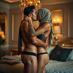 A captivating scene featuring a woman in a beautiful hijab, wearing transparent lingerie and black panties, passionately kissing a sexy man