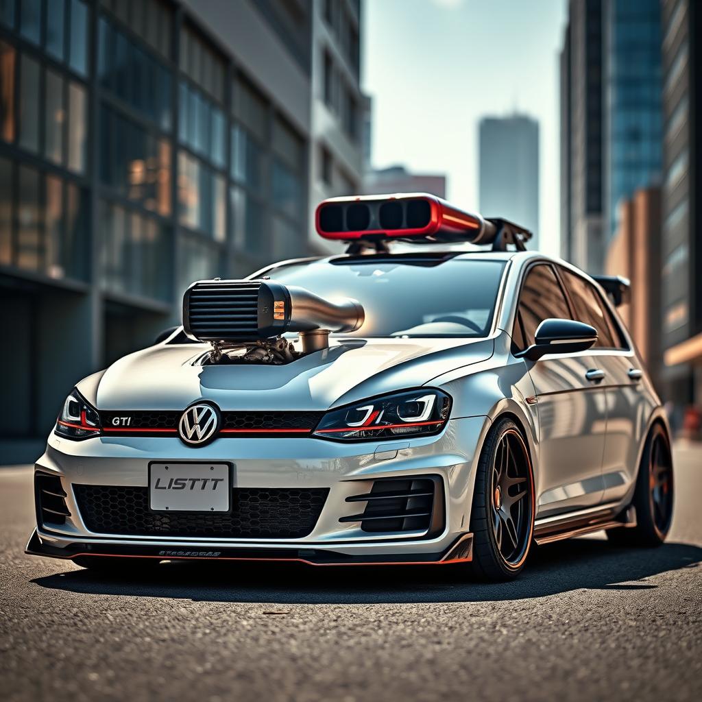 A strikingly modified Golf GTI showcasing an eye-catching intercooler and a large turbocharger prominently displayed in an urban setting