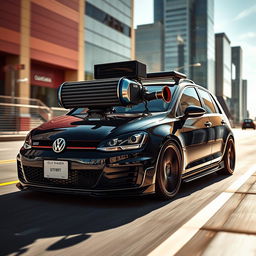 A strikingly modified Golf GTI showcasing an eye-catching intercooler and a large turbocharger prominently displayed in an urban setting