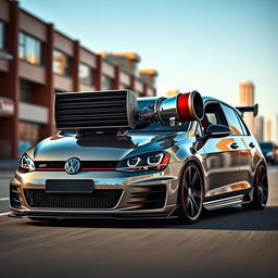 A strikingly modified Golf GTI showcasing an eye-catching intercooler and a large turbocharger prominently displayed in an urban setting