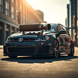 A strikingly modified Golf GTI showcasing an eye-catching intercooler and a large turbocharger prominently displayed in an urban setting