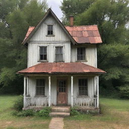 A whimsical house, small and quaint, with humble features. It is charmingly worn, with patchy wood, a rusty tin roof, and uneven window panes, giving the impression of being valued at one dollar.