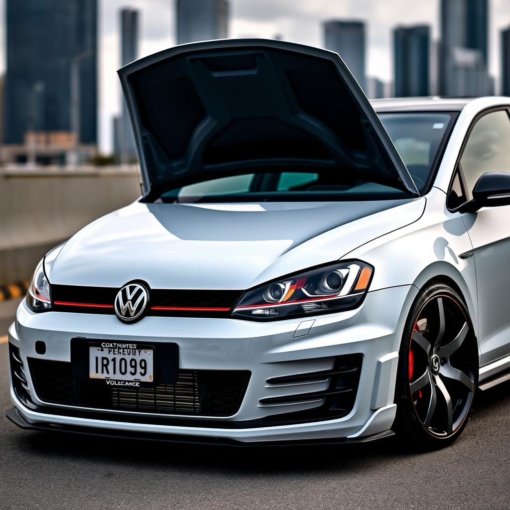 A modified Golf GTI prominently featuring an intercooler, showcasing its sleek lines and sporty design