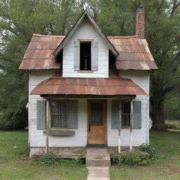 A whimsical house, small and quaint, with humble features. It is charmingly worn, with patchy wood, a rusty tin roof, and uneven window panes, giving the impression of being valued at one dollar.