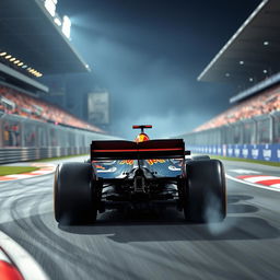 An exhilarating Formula 1 car in action on a racetrack, depicting its sleek, aerodynamic design and vibrant team livery