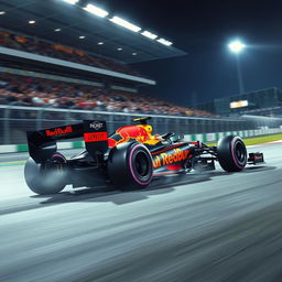 An exhilarating Formula 1 car in action on a racetrack, depicting its sleek, aerodynamic design and vibrant team livery