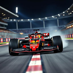 An exhilarating Formula 1 car in action on a racetrack, depicting its sleek, aerodynamic design and vibrant team livery