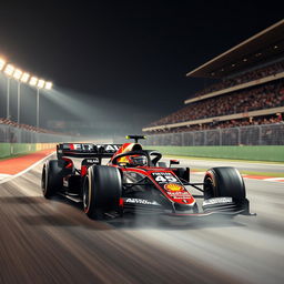 An exhilarating Formula 1 car in action on a racetrack, depicting its sleek, aerodynamic design and vibrant team livery