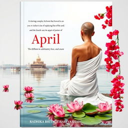 A rectangular book cover back featuring a slender woman with a tonsured head, her bare shoulders elegantly displayed in a flowing white sari that billows behind her