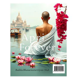 A rectangular book cover back featuring a slender woman with a tonsured head, her bare shoulders elegantly displayed in a flowing white sari that billows behind her