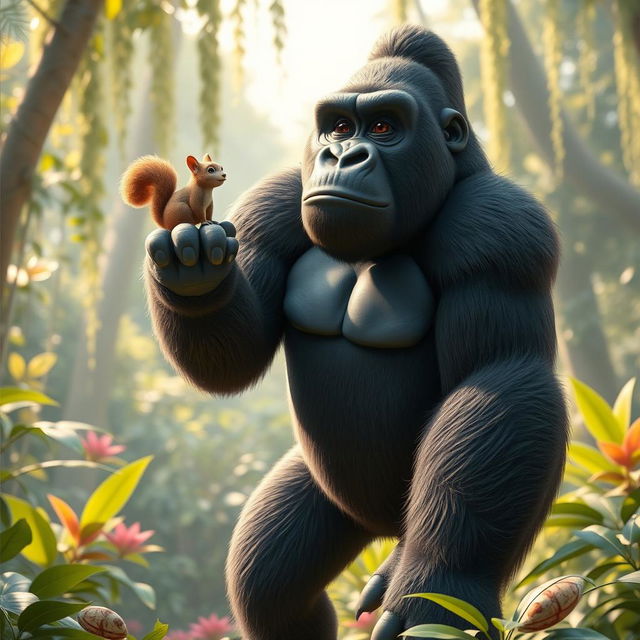 A stunning 3D scene showcasing a full-height gorilla standing proudly with a squirrel perched playfully on its shoulders