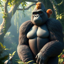 A stunning 3D scene showcasing a full-height gorilla standing proudly with a squirrel perched playfully on its shoulders