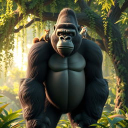 A stunning 3D scene showcasing a full-height gorilla standing proudly with a squirrel perched playfully on its shoulders