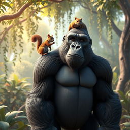 A stunning 3D scene showcasing a full-height gorilla standing proudly with a squirrel perched playfully on its shoulders