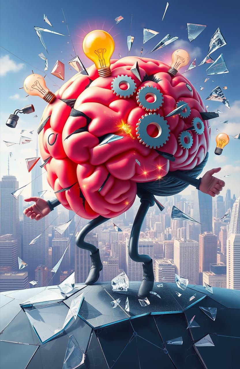 A human brain personified as a vibrant character breaking through various barriers representing challenges in business and life