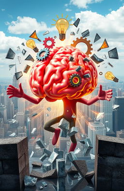 A human brain personified as a vibrant character breaking through various barriers representing challenges in business and life