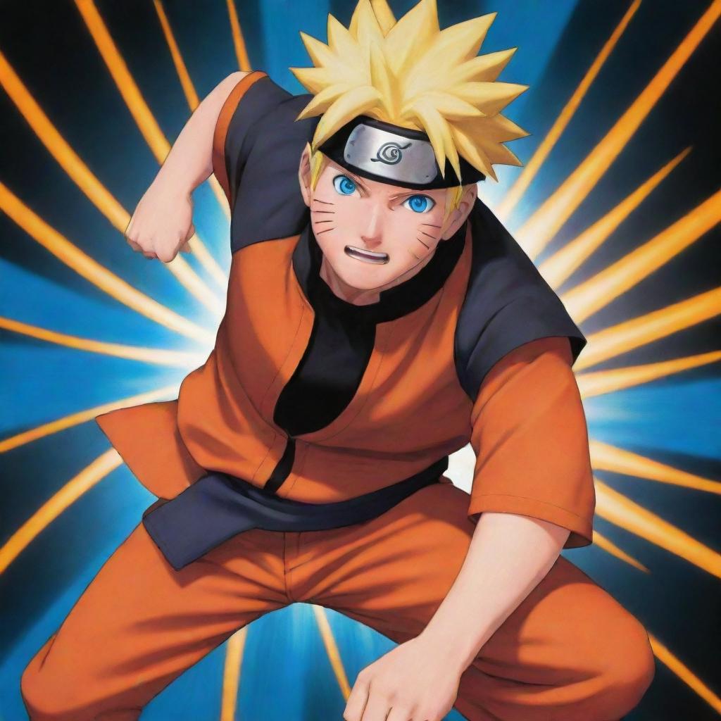 An energetic and vibrant image of Naruto Uzumaki in his signature orange and black outfit, showcasing his spiky blonde hair and bright blue eyes. Striking a dynamic pose, Naruto is full of life and determination.