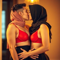 A beautiful woman in a hijab wearing a striking red bra and a stylish black skirt, engaged in a passionate kiss with a handsome man