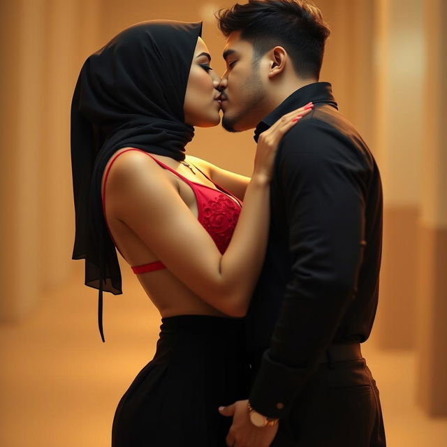 A beautiful woman in a hijab wearing a striking red bra and a stylish black skirt, engaged in a passionate kiss with a handsome man