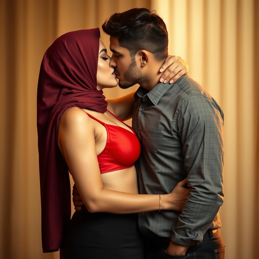 A beautiful woman in a hijab wearing a striking red bra and a stylish black skirt, engaged in a passionate kiss with a handsome man