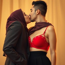 A beautiful woman in a hijab wearing a striking red bra and a stylish black skirt, engaged in a passionate kiss with a handsome man