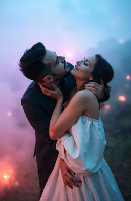 A handsome man passionately kissing the neck of a beautiful woman wearing a flowing white dress