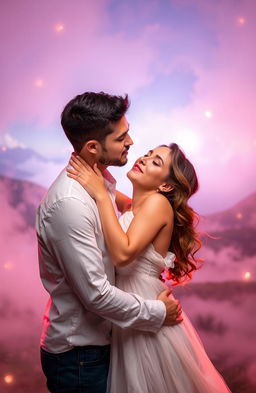 A handsome man passionately kissing the neck of a beautiful woman wearing a flowing white dress