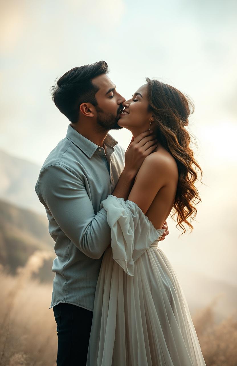 A handsome man passionately kissing the neck of a beautiful woman wearing a flowing white dress