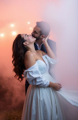 A handsome man passionately kissing the neck of a beautiful woman wearing a flowing white dress