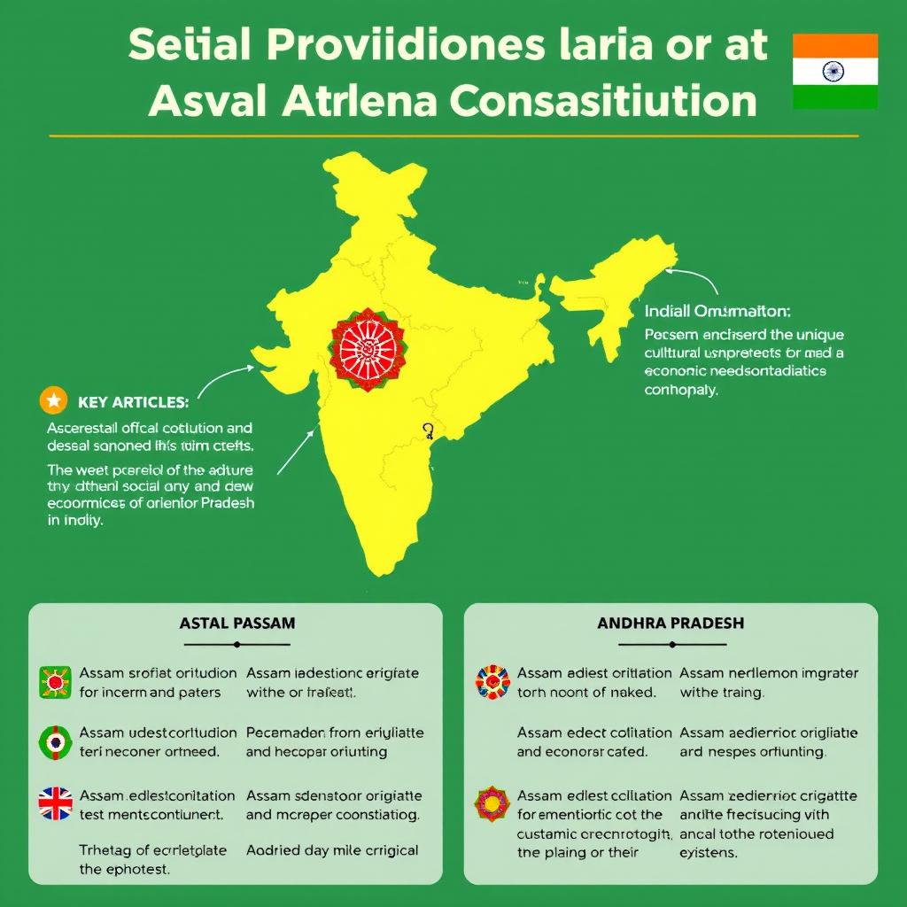 an educational infographic that highlights the special provisions for Assam and Andhra Pradesh as per the Indian Constitution