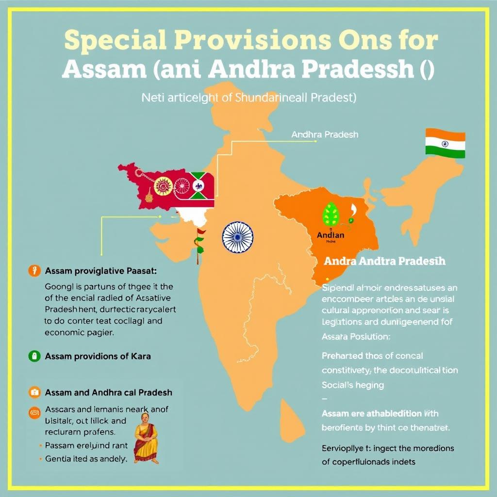 an educational infographic that highlights the special provisions for Assam and Andhra Pradesh as per the Indian Constitution