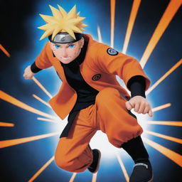 An energetic and vibrant image of Naruto Uzumaki in his signature orange and black outfit, showcasing his spiky blonde hair and bright blue eyes. Striking a dynamic pose, Naruto is full of life and determination.