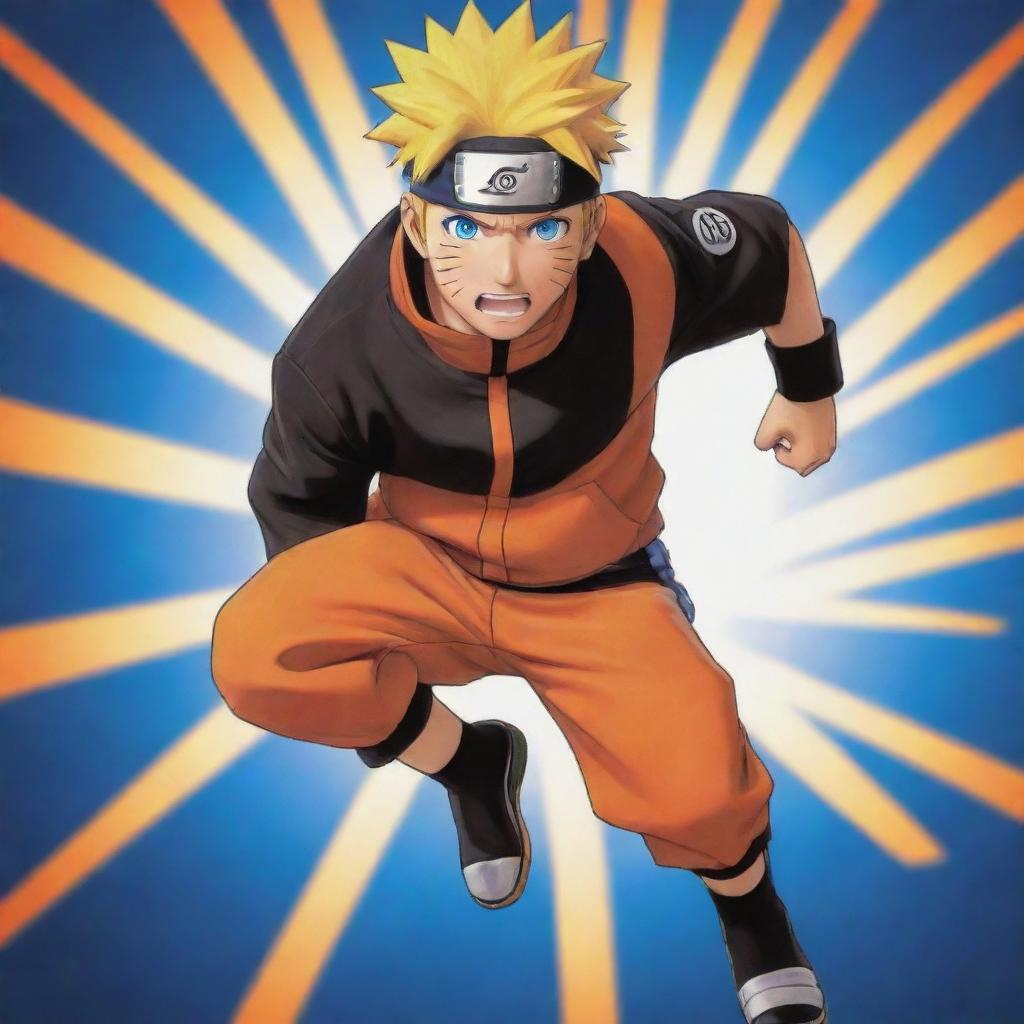 An energetic and vibrant image of Naruto Uzumaki in his signature orange and black outfit, showcasing his spiky blonde hair and bright blue eyes. Striking a dynamic pose, Naruto is full of life and determination.