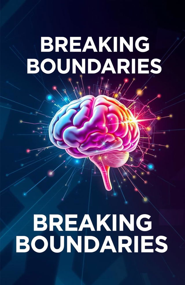 An imaginative ebook cover illustrating a human brain breaking through boundaries, symbolizing cognitive exploration and innovation