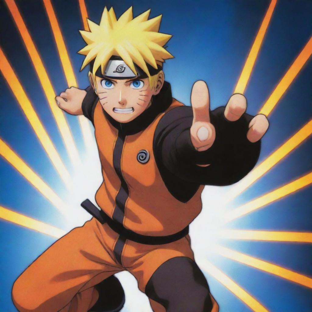 An energetic and vibrant image of Naruto Uzumaki in his signature orange and black outfit, showcasing his spiky blonde hair and bright blue eyes. Striking a dynamic pose, Naruto is full of life and determination.