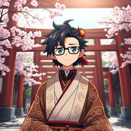 A cool anime character dressed as a Shinto priest, wearing traditional garments with intricate patterns, complete with ceremonial accessories