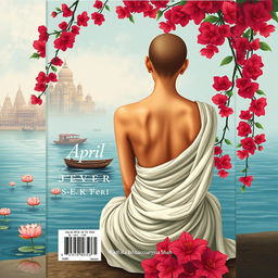 A rectangular book cover back featuring the back of a slender woman with a tonsured head, her bare shoulders adorned with a flowing white sari billowing behind her