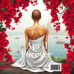 A rectangular book cover back featuring the back of a slender woman with a tonsured head, her bare shoulders adorned with a flowing white sari billowing behind her