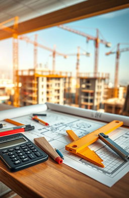 A visually engaging and educational representation of construction mathematics, featuring various mathematical tools such as a calculator, T-square, compass, and drafting templates arranged on a wooden architect's drawing table